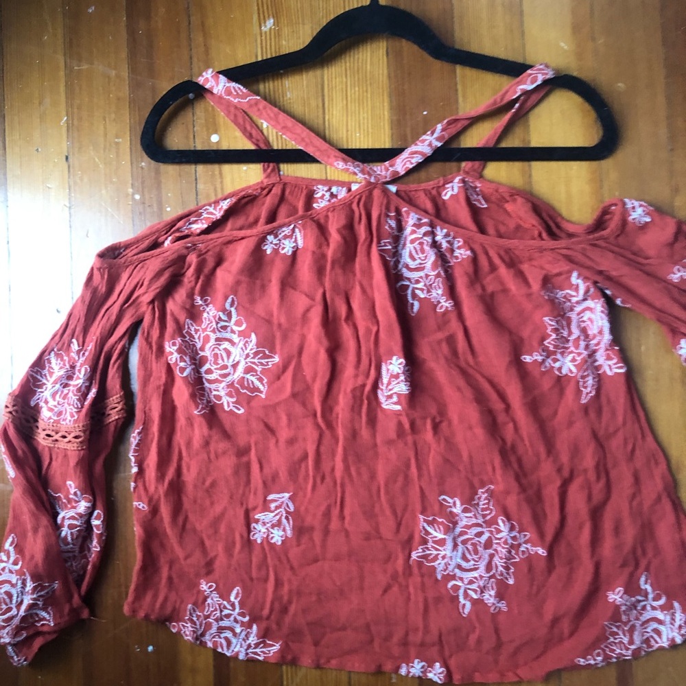 Orange cold shoulder shirt with flowers